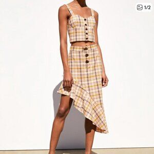 Zara Beige Plaid Smocked Crop Top & Asymmetric Midi Skirt Set Button Front XS